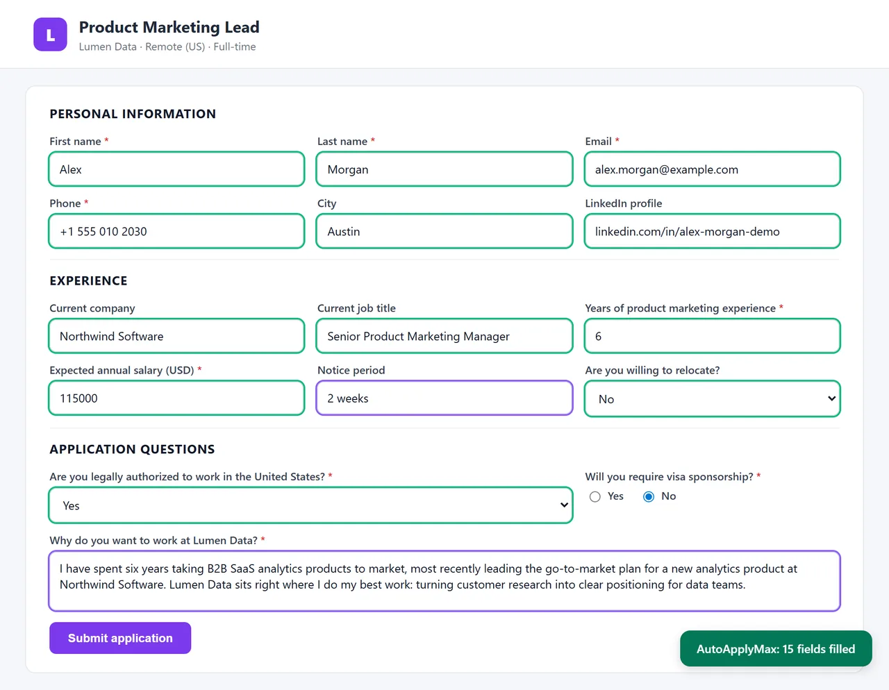A job application form filled by AutoApplyMax autofill: profile fields outlined in green, AI-written answers outlined in purple, and a "15 fields filled" notice
