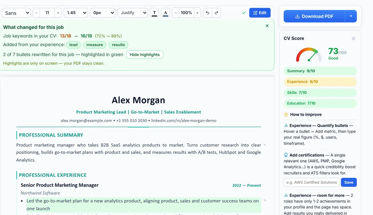 AutoApplyMax resume editor after tailoring to a job: job keywords in the CV before and after, keywords added from the candidate’s experience, and rewritten bullets highlighted in green